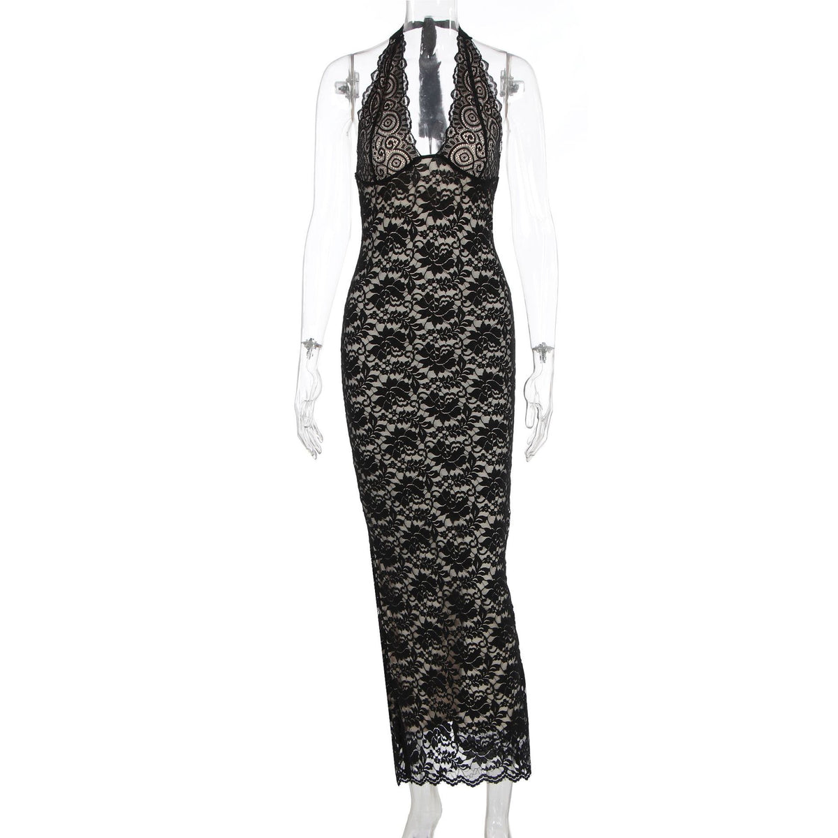 Women's Lace Halter Neck Bodycon Long Dress Sleeveless Backless V-Neck